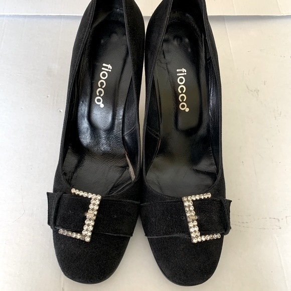 Stunning black suede stiletto shoes with large buckle of shiny rhinestones 40 10 - Picture 2 of 12